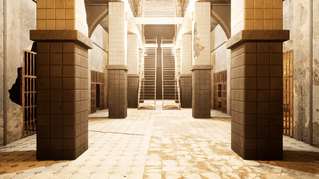 The same cell-block hall under restored main power, brighter tiles and long shadows across a cracked floor.