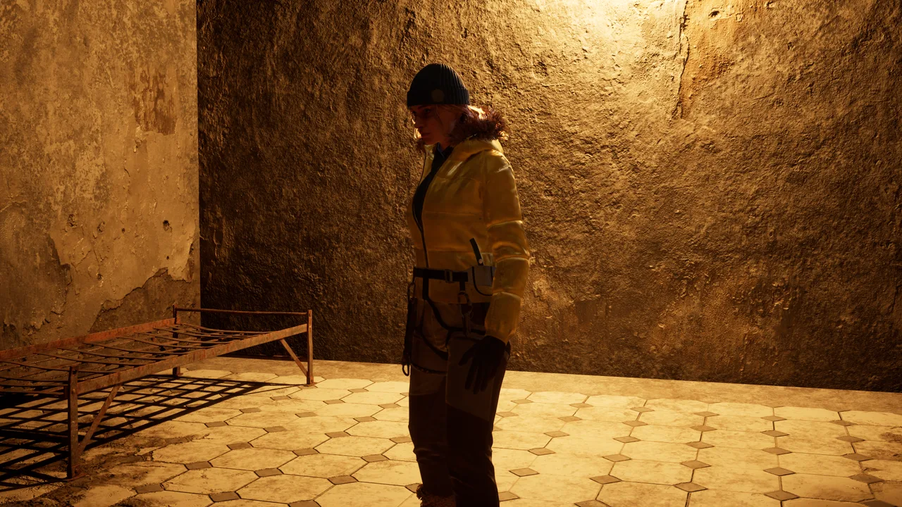 Lena Mercer inside a Blackridge cell, captured from the current development build.