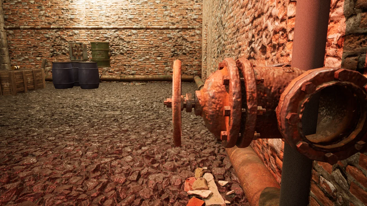 A rusted valve wheel and brickwork in the basement.