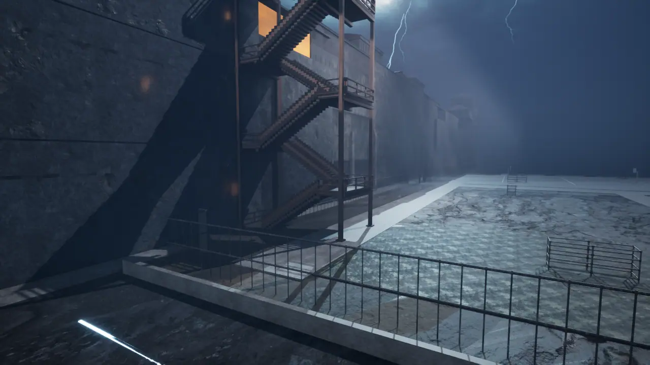 Close view of the fire escape against the prison wall, two lightning bolts in the sky and a fenced yard below in fog.